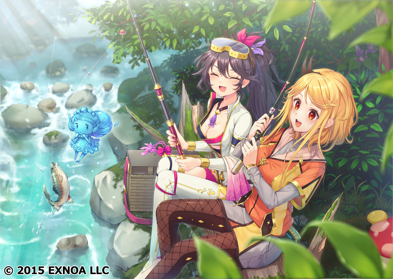 2girls, :d, ^_^, black_hair, blonde_hair, blurry, blurry_foreground, boots, breasts, brown_pantyhose, character_request, cleavage, closed_eyes, collarbone, commentary_request, copyright_notice, day, depth_of_field, elemental_(creature), fishing, fishing_line, fishing_rod, fishnet_pantyhose, fishnets, flower, flower_knight_girl, goggles, goggles_on_head, grey_skirt, hair_flower, hair_ornament, hair_ribbon, holding, holding_fishing_rod, jacket, long_hair, medium_breasts, multiple_girls, mushroom, official_art, open_clothes, open_jacket, open_mouth, orange_jacket, outdoors, pantyhose, pink_ribbon, ponytail, purple_flower, red_eyes, ribbon, river, sitting, skirt, smile, sparaxis_(flower_knight_girl), thigh_boots, tsuchikure, very_long_hair, water_elemental, white_footwear, white_jacket