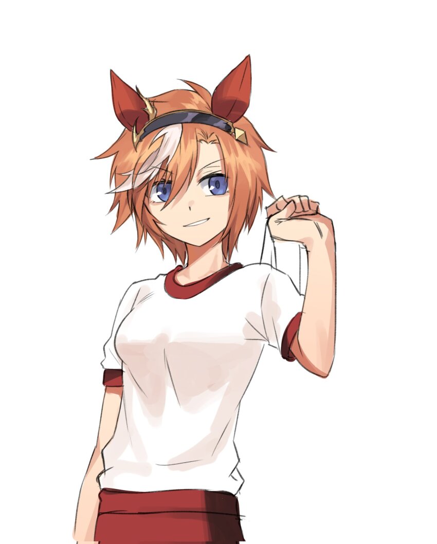 1girl, animal_ears, bag, black_hairband, blue_eyes, commentary, durandal_(racehorse), ear_covers