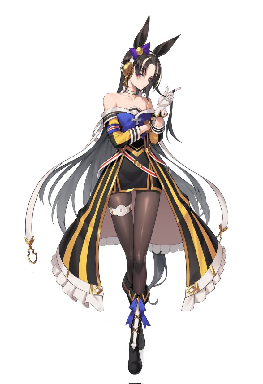 1girl, animal_ears, asymmetrical_gloves, bare_shoulders, belt_collar, black_coat, black_dress, black_hair