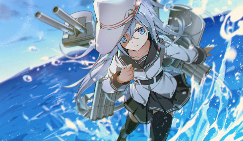 1girl, black_sailor_collar, black_skirt, black_thighhighs, blue_sky, cannon, cloud, commission