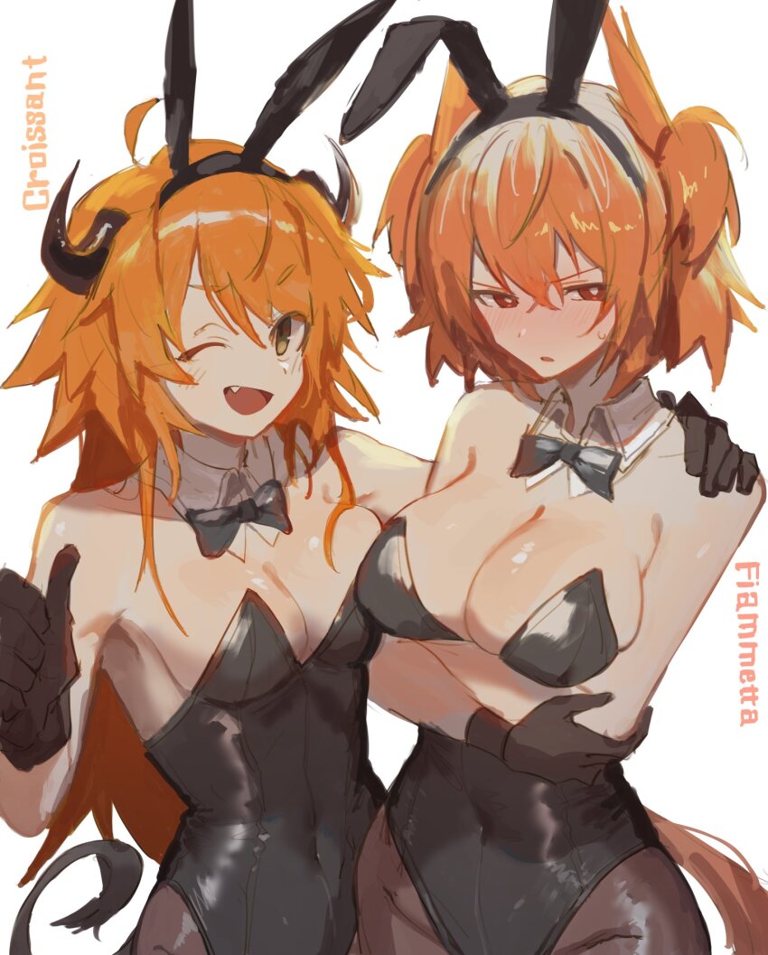 2girls, animal_ears, arknights, black_bow, black_bowtie, black_gloves, black_leotard, bow