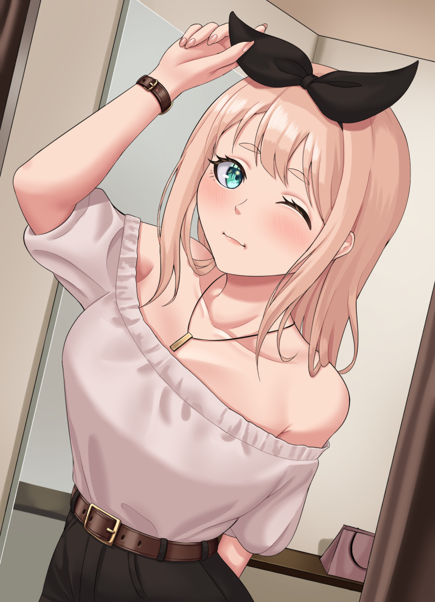 1girl, ;i, aqua_eyes, arm_up, bare_shoulders, belt, black_ribbon, blonde_hair