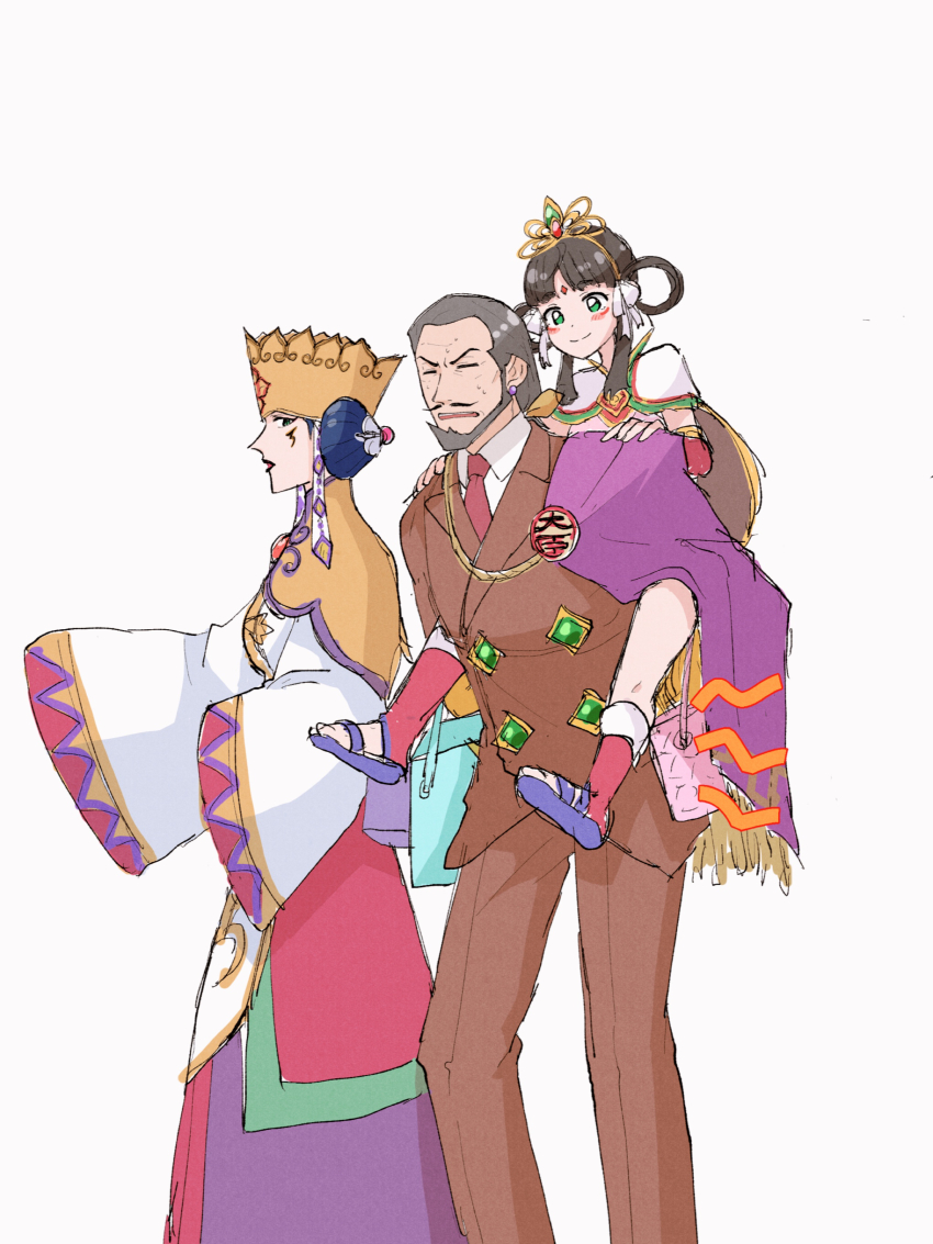 2girls, absurdres, ace_attorney, bag, beard, black_hair, blue_footwear, blue_hair, blush, brown_jacket, brown_pants, brown_suit, buttons, capelet, caramelrag, carrying, chain, closed_eyes, closed_mouth, collared_capelet, collared_shirt, crown, dot_nose, double-breasted, dress, earrings, elbow_carry, facial_hair, facial_mark, family, feet_out_of_frame, forehead_mark, formal_clothes, fringe_trim, ga'ran_sigatar_khura'in, gem, green_eyes, green_gem, grey_hair, hair_ribbon, hair_rings, hands_on_another's_shoulders, highres, holding, holding_bag, inga_karkhuul_khura'in, jacket, jewelry, lapels, long_dress, long_sleeves, looking_at_another, multicolored_dress, multiple_girls, mustache, necktie, pants, parted_lips, phoenix_wright:_ace_attorney_-_spirit_of_justice, piggyback, profile, rayfa_padma_khura'in, red_necktie, red_socks, ribbon, sandals, shirt, short_hair, side_cape, sidelocks, simple_background, smile, socks, split_mouth, suit, sweat, white_background, white_ribbon, white_shirt, wide_sleeves, yellow_capelet