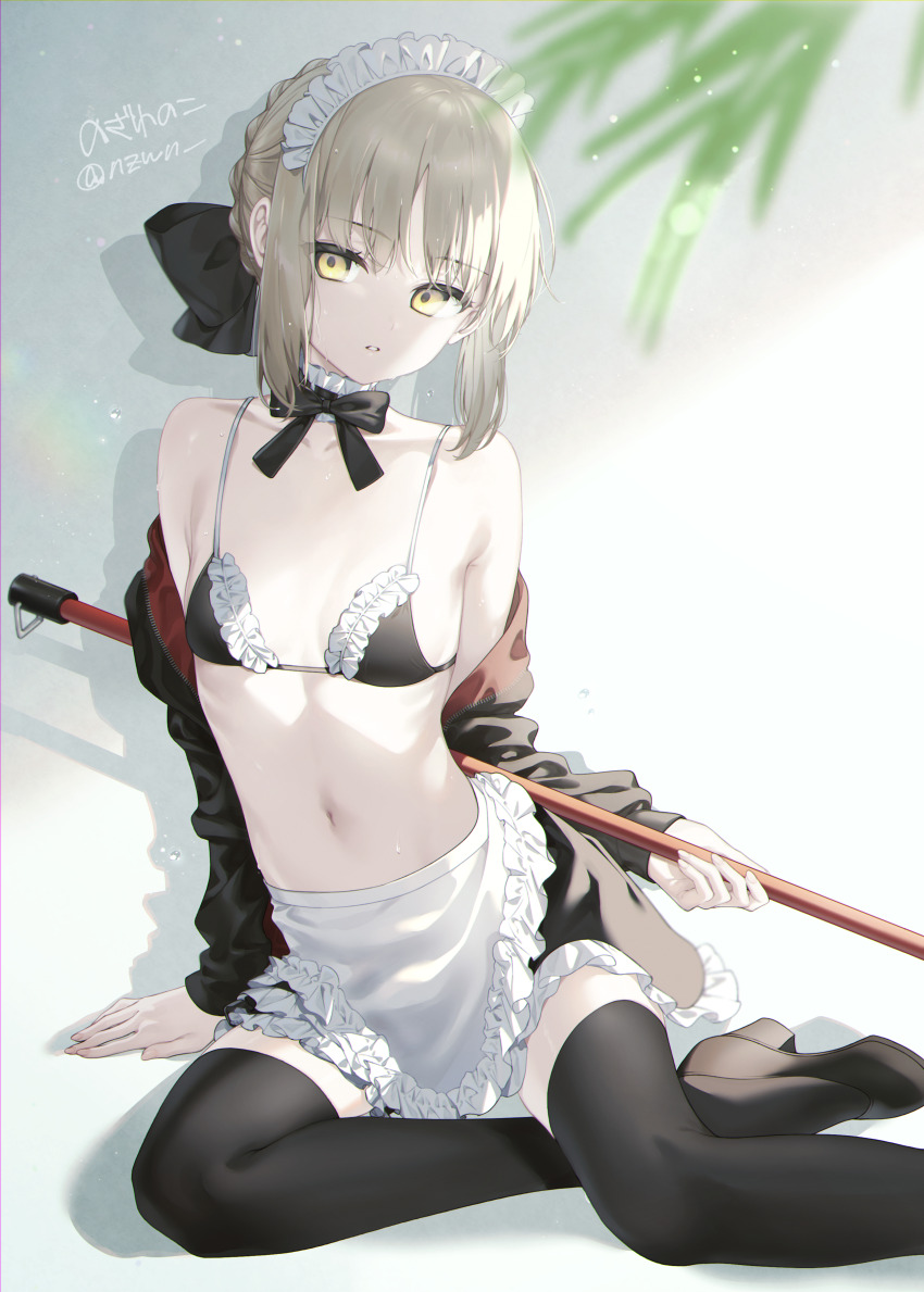 1girl, absurdres, apron, artoria_pendragon_(fate), bare_shoulders, bikini, black_bikini, black_jacket