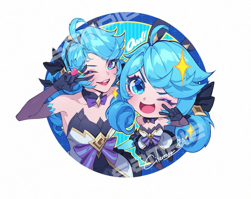 2girls, ahoge, artist_name, bare_shoulders, black_gloves, blue_eyes, blush, chibi