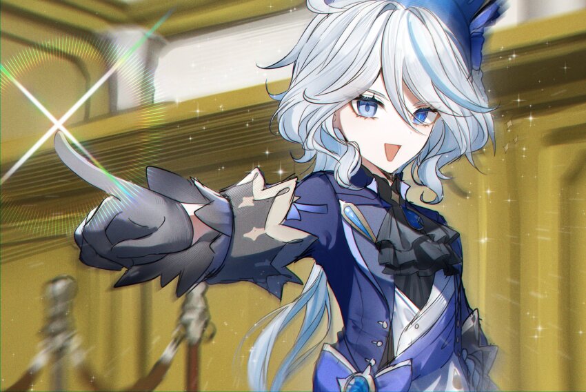 1girl, ace_attorney, ascot, black_ascot, black_gloves, blue_eyes, blue_hair, blue_headwear