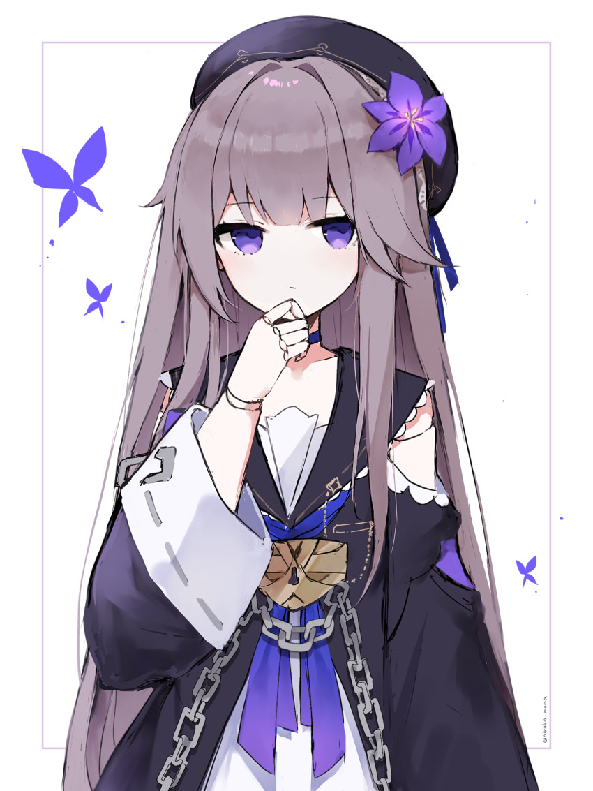 1girl, beret, black_dress, black_hat, closed_mouth, commentary_request, detached_sleeves, doll_joints