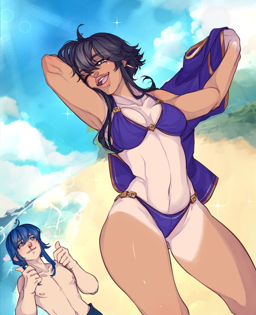 1boy, 1girl, absurdres, alternate_costume, beach, bikini, black_hair, blood