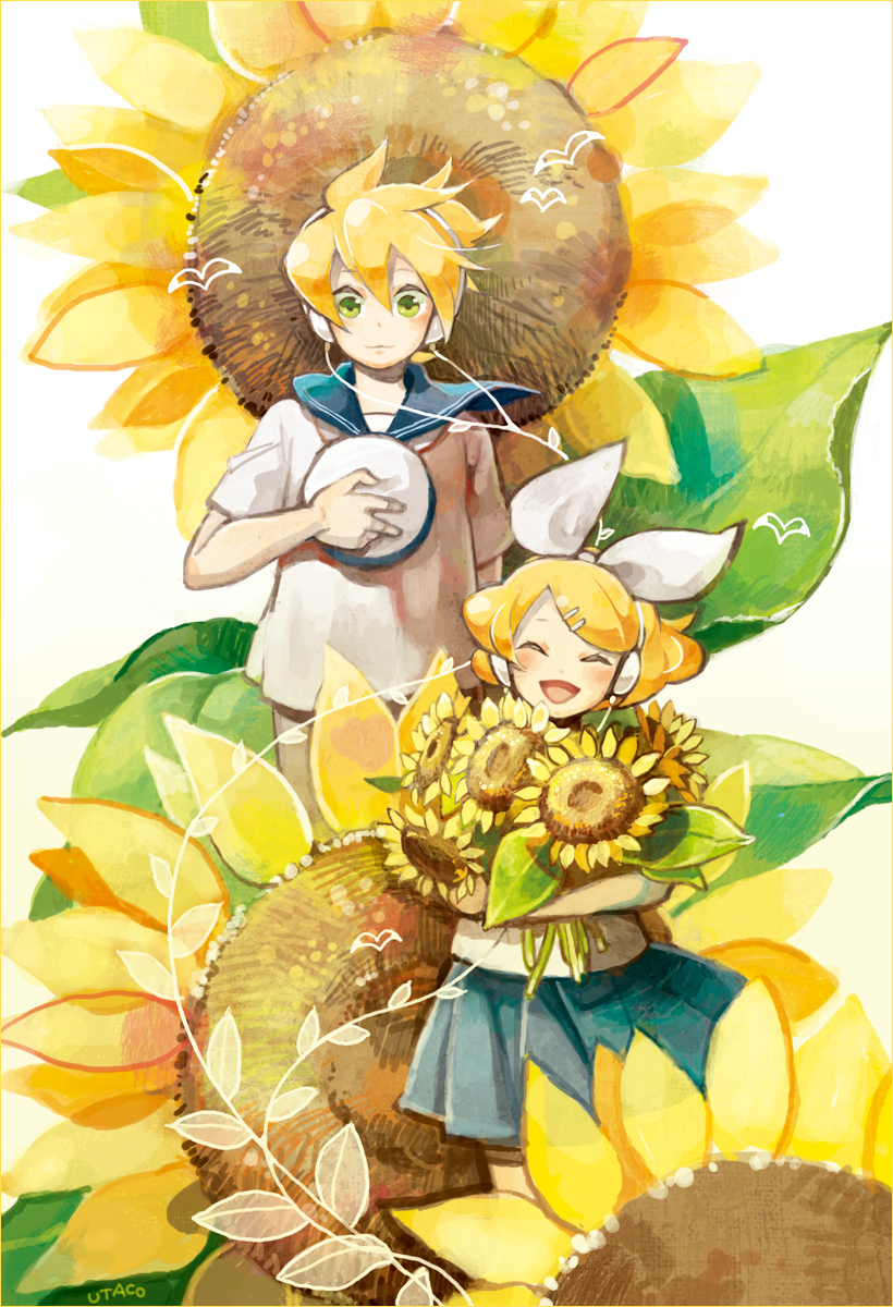 1boy, 1girl, blonde_hair, brother_and_sister, closed_eyes, flower, hat, highres, kagamine_len, kagamine_rin, sailor, siblings, sunflower, twins, utacoco, vocaloid
