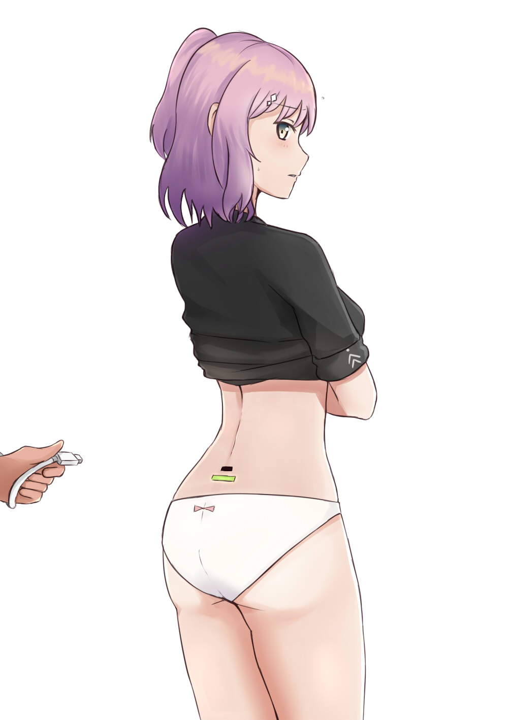 1girl, 1other, alternate_costume, android, ass, back, black_shirt, blush