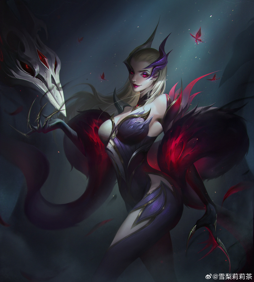 1girl, absurdres, artist_name, blonde_hair, breasts, bug, butterfly, claw_(weapon), cleavage, closed_mouth, coven_evelynn, cowboy_shot, evelynn_(league_of_legends), eyeshadow, fog, hair_slicked_back, highres, insect, large_breasts, league_of_legends, looking_at_viewer, makeup, moonlight, night, official_alternate_costume, official_alternate_hairstyle, outdoors, red_butterfly, red_eyes, smile, solo, standing, sydney_lily, weapon