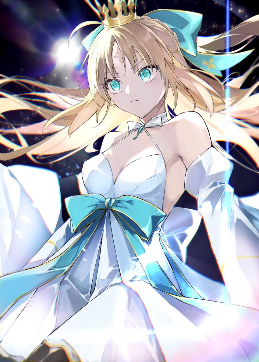 ahoge, artoria_caster_(fate), artoria_caster_(hopewill_camelot)_(fate), artoria_caster_(swimsuit)_(fate), artoria_pendragon_(fate), bare_shoulders, black_pantyhose, bow, breasts, closed_mouth, crown, dress, fate/grand_order, fate_(series), green_bow, green_eyes, green_ribbon, hair_bow, highres, kino_kokko, looking_at_viewer, pantyhose, ribbon, shine, small_breasts, twintails, white_dress