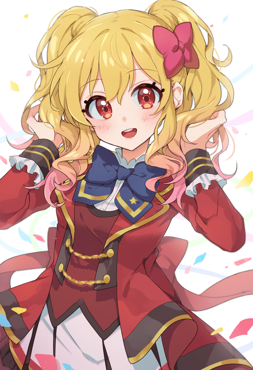 1girl, :d, absurdres, aikatsu!_(series), aikatsu_stars!, blonde_hair, blue_bow, blue_bowtie