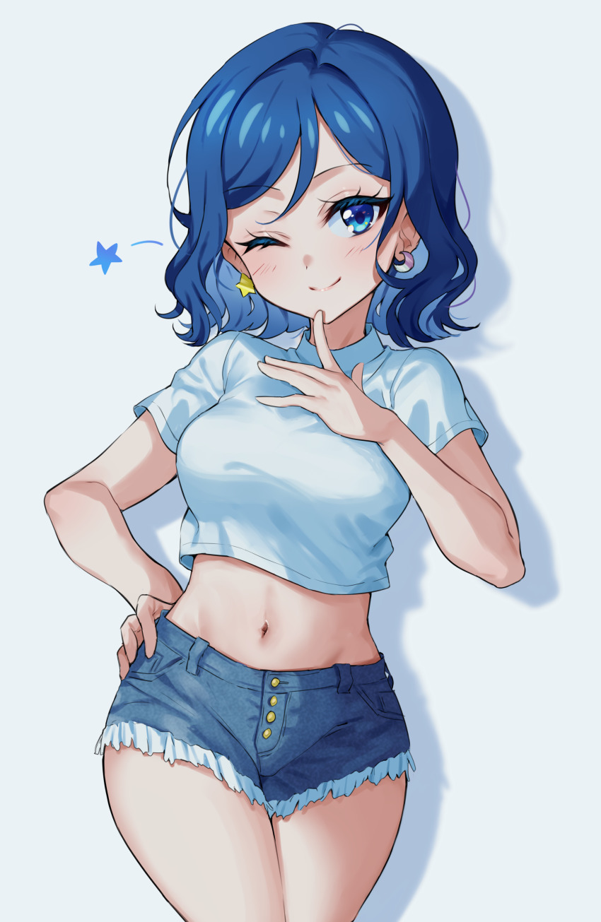 1girl, ;), absurdres, aikatsu!, aikatsu!_(series), blue_eyes, blue_hair, blue_shorts, closed_mouth, crescent, crescent_earrings, crop_top, denim, denim_shorts, earrings, grey_background, groin, hand_on_own_hip, highres, jewelry, jikai_ing, kiriya_aoi, looking_at_viewer, medium_hair, midriff, navel, one_eye_closed, shirt, short_shorts, short_sleeves, shorts, smile, solo, standing, star_(symbol), star_earrings, stomach, straight_hair, white_shirt