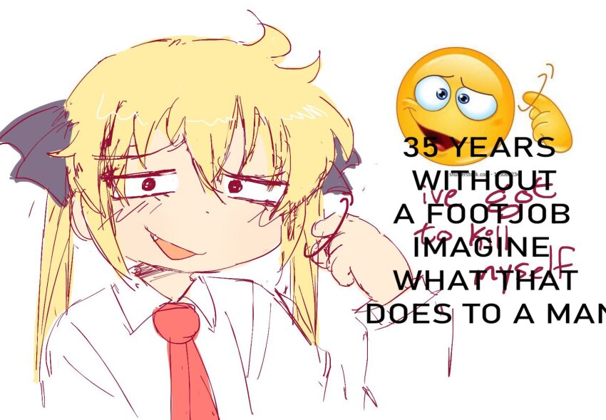 1girl, blonde_hair, constricted_pupils, cuckoo_gesture, emoji, english_text, fang, hair_ribbon, highres, implied_footjob, kill_me_baby, looking_at_viewer, meme, messy_hair, necktie, open_mouth, pointing, pointing_at_self, poppos, ribbon, school_uniform, sketch, sonya_(kill_me_baby), upper_body, white_background