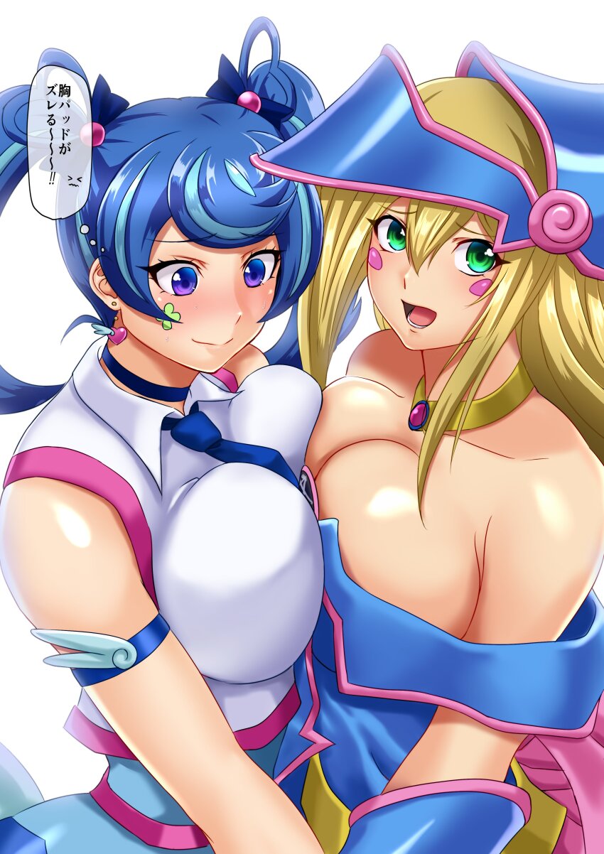 2girls, absurdres, blonde_hair, blue_angel_(yu-gi-oh!), blue_eyes, blue_hair, blue_necktie, blush, blush_stickers, breast_press, breasts, cleavage, closed_mouth, clover, collarbone, dark_magician_girl, duel_monster, earrings, facial_mark, facial_tattoo, flower_facial_mark, flower_symbol, four-leaf_clover, hair_between_eyes, hat, heart, heart_earrings, highres, jewelry, large_breasts, long_hair, looking_at_viewer, multiple_girls, muto_dt, necktie, open_mouth, pentagram, rectangle, smile, symmetrical_docking, tattoo, translation_request, white_background, wizard_hat, yu-gi-oh!, yu-gi-oh!_vrains, zaizen_aoi