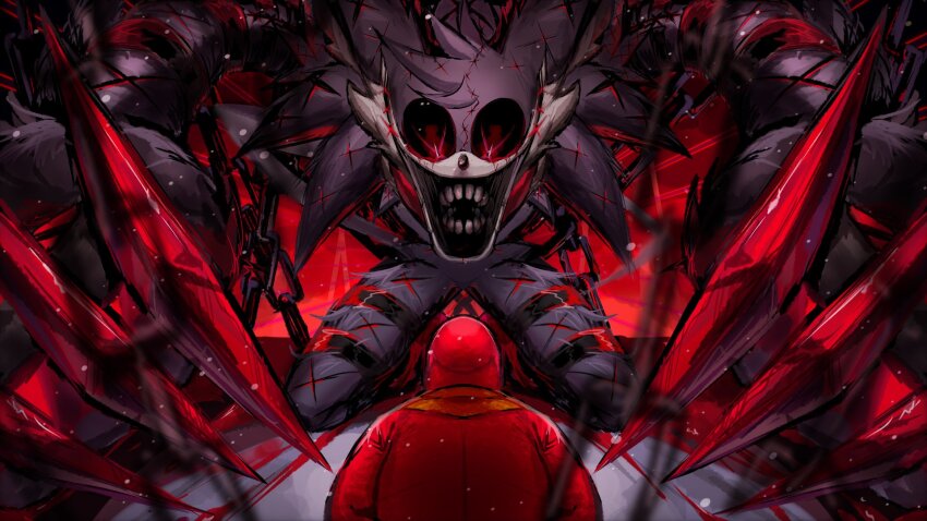 2boys, animal_ears, black_sclera, claws, colored_sclera, creepy, cuts, eldritch_abomination, formal_clothes, furry, furry_male, glowing, glowing_eyes, grey_fur, hedgehog_boy, highres, horror_(theme), injury, multiple_boys, quill, red_eyes, red_suit, red_theme, redx_(sonic.exe), sonic.exe, sonic_(series), starved_(sonic.exe), straight-on, suit, usa37107692