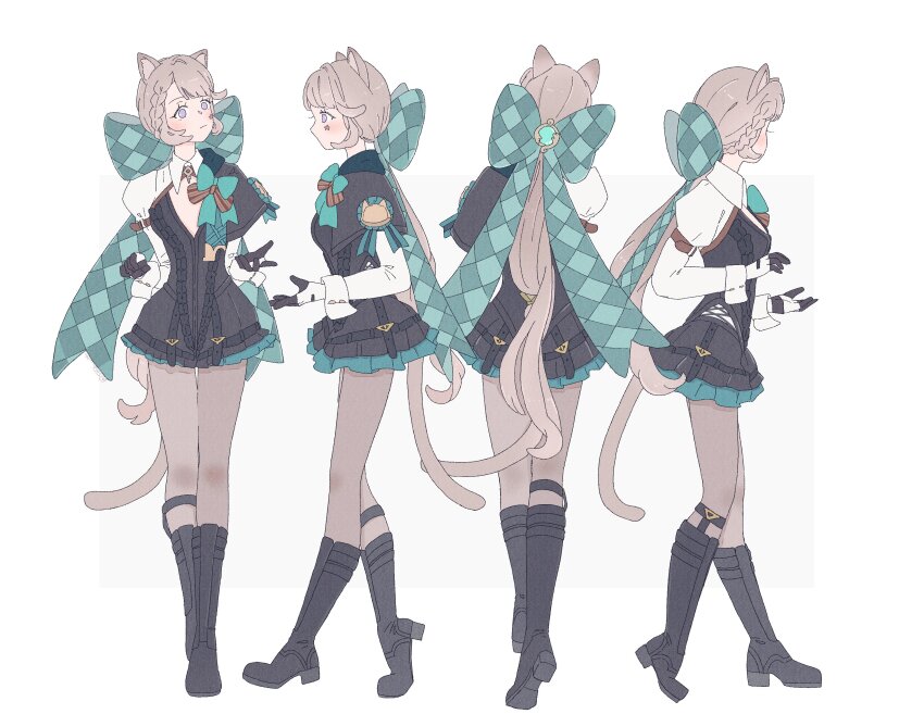 1girl, absurdres, animal_ears, anni_(556_an), aqua_bow, argyle_bow, argyle_clothes, black_footwear