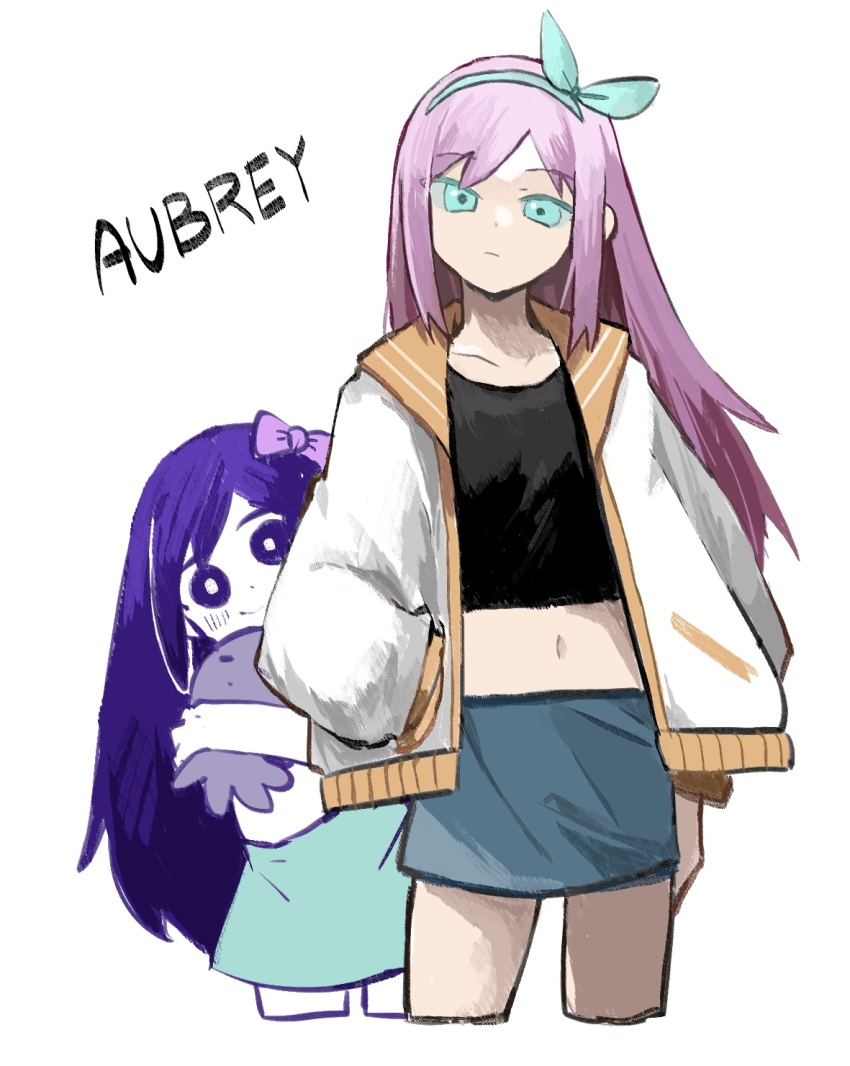 2girls, aqua_bow, aqua_eyes, aqua_hairband, aubrey_(faraway)_(omori), aubrey_(headspace)_(omori), aubrey_(omori), black_shirt