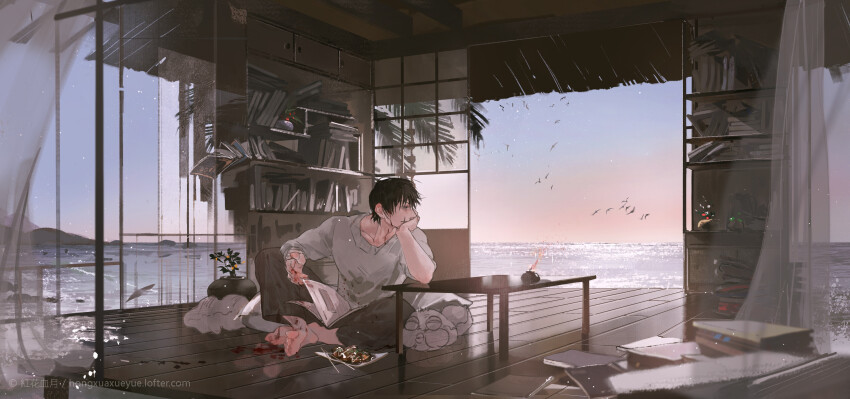 1boy, architecture, barefoot, beach, bird, black_hair, blood, blood_on_hands, bloodybeni, book, book_on_lap, bookshelf, chopstick_rest, chopsticks, curtains, elbow_rest, food, fushiguro_toji, gradient_sky, grey_shirt, head_rest, highres, indoors, jujutsu_kaisen, long_sleeves, male_focus, ocean, on_floor, palm_tree, pile_of_books, scar, scar_on_face, scar_on_mouth, shirt, short_hair, sitting, sky, solo, sunrise, takoyaki, tree