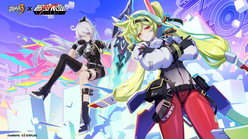 2girls, ahoge, ai-chan_(honkai_impact), ai_hyperion_lambda, ai_hyperion_lambda_(burning_rescue_soul), ai_hyperion_lambda_(chrono_navi), artist_collaboration, black_footwear