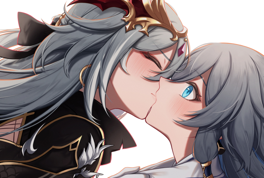 2girls, blue_eyes, chinese_clothes, closed_eyes, closed_mouth, dual_persona, earrings, eyeliner