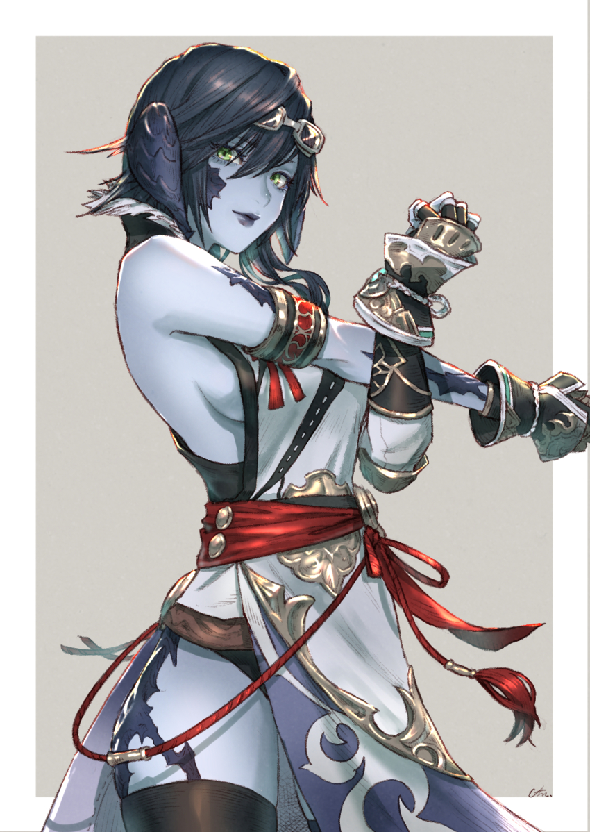 1girl, armlet, au_ra, bare_shoulders, black_gloves, black_hair, black_lips, black_thighhighs