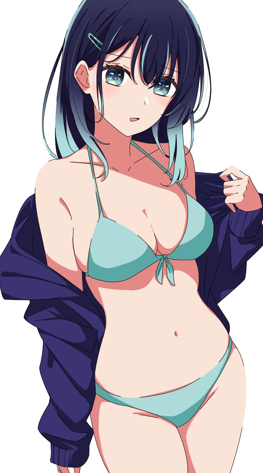 1girl, aqua_eyes, bare_shoulders, bikini, blue_bikini, blue_hair, breasts, cleavage