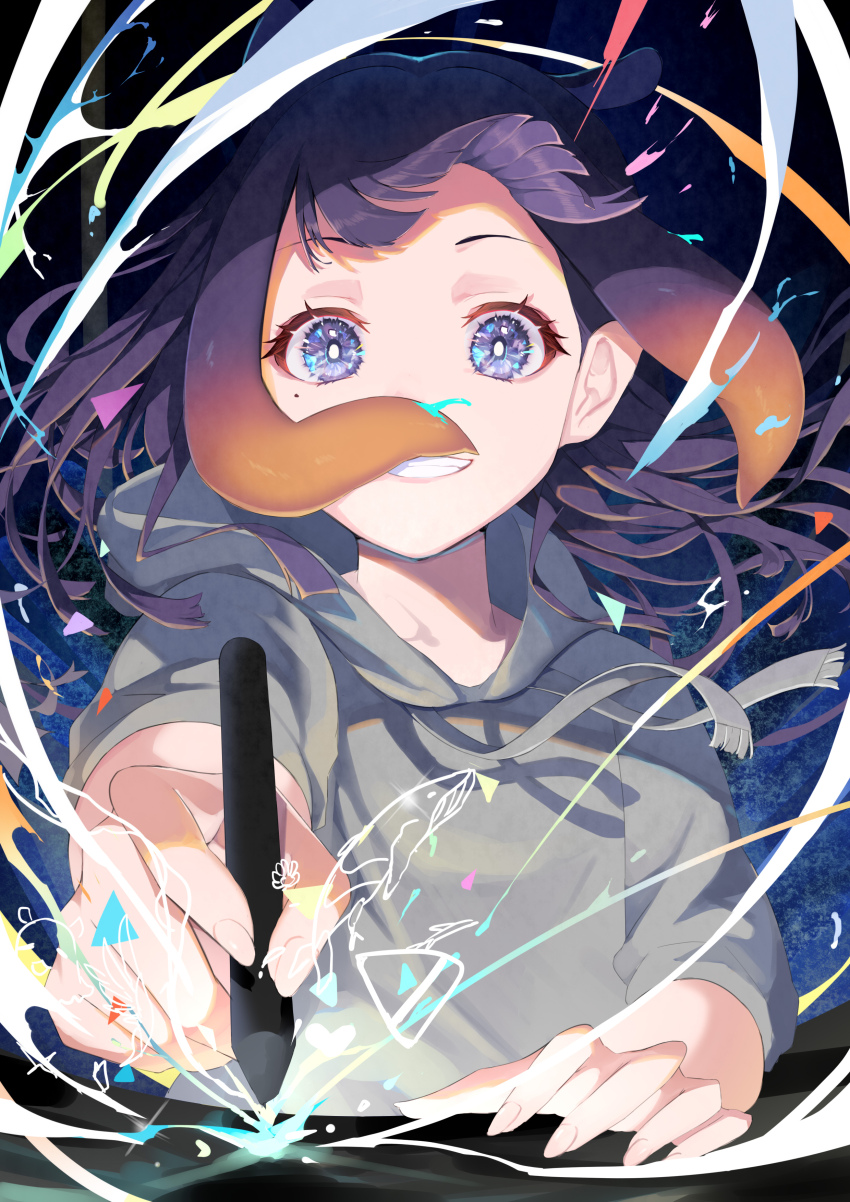 1girl, absurdres, blue_eyes, blunt_bangs, doodles, drawing, drawing_tablet, fingernails