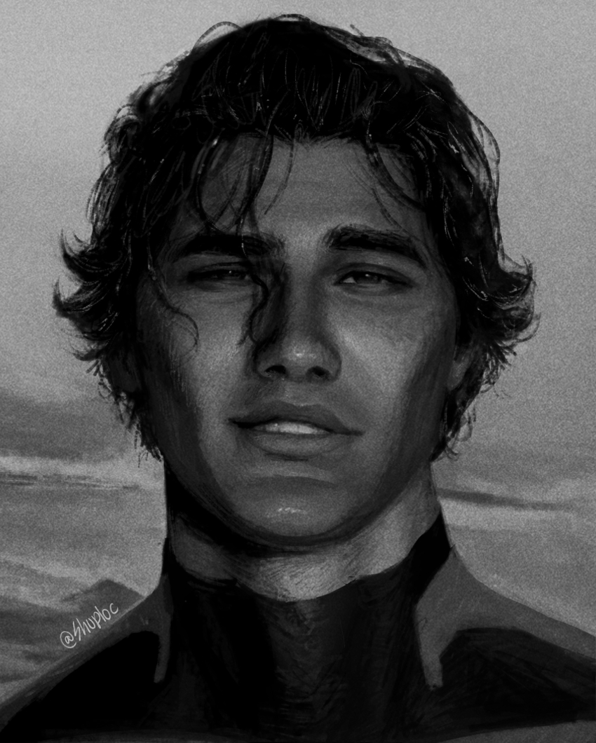 1boy, absurdres, artist_name, beach, black_eyes, black_hair, bodysuit, cheekbones, commentary, dark-skinned_male, dark_skin, english_commentary, film_grain, greyscale, hair_slicked_back, highres, light_smile, looking_at_viewer, male_focus, marvel, mature_male, miguel_o'hara, monochrome, ocean, portrait, realistic, shuploc, solo, spider-man:_across_the_spider-verse, spider-man_(series), spider-verse, teeth, twitter_username, upper_teeth_only, wet, wet_hair