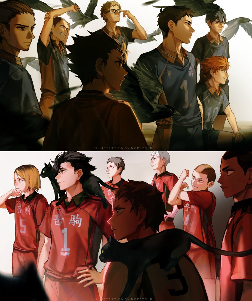 6+boys, absurdres, adjusting_eyewear, artist_name, azumane_asahi, bird, black_cat, black_hair