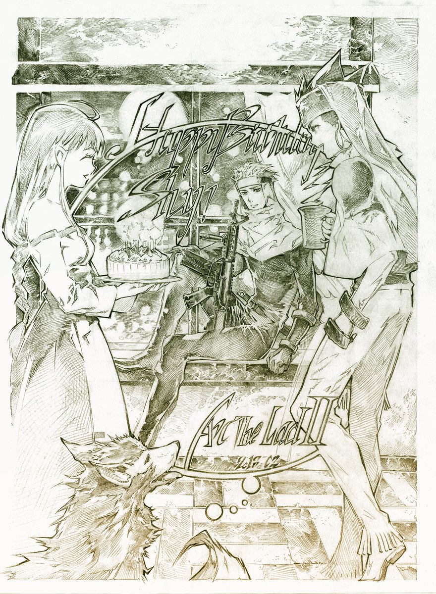 1girl, 2boys, arc_the_lad, arc_the_lad_ii, breasts, cake, closed_mouth, cofffee