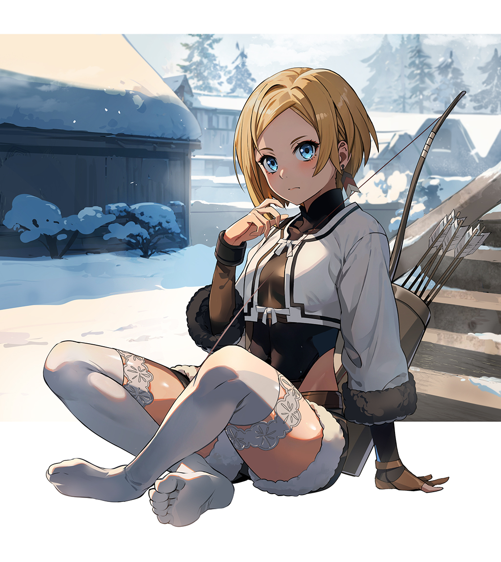 1girl, blonde_hair, blue_eyes, bow_(weapon), mushoku_tensei, no_shoes, nyoro_(nyoronyoro000), outdoors