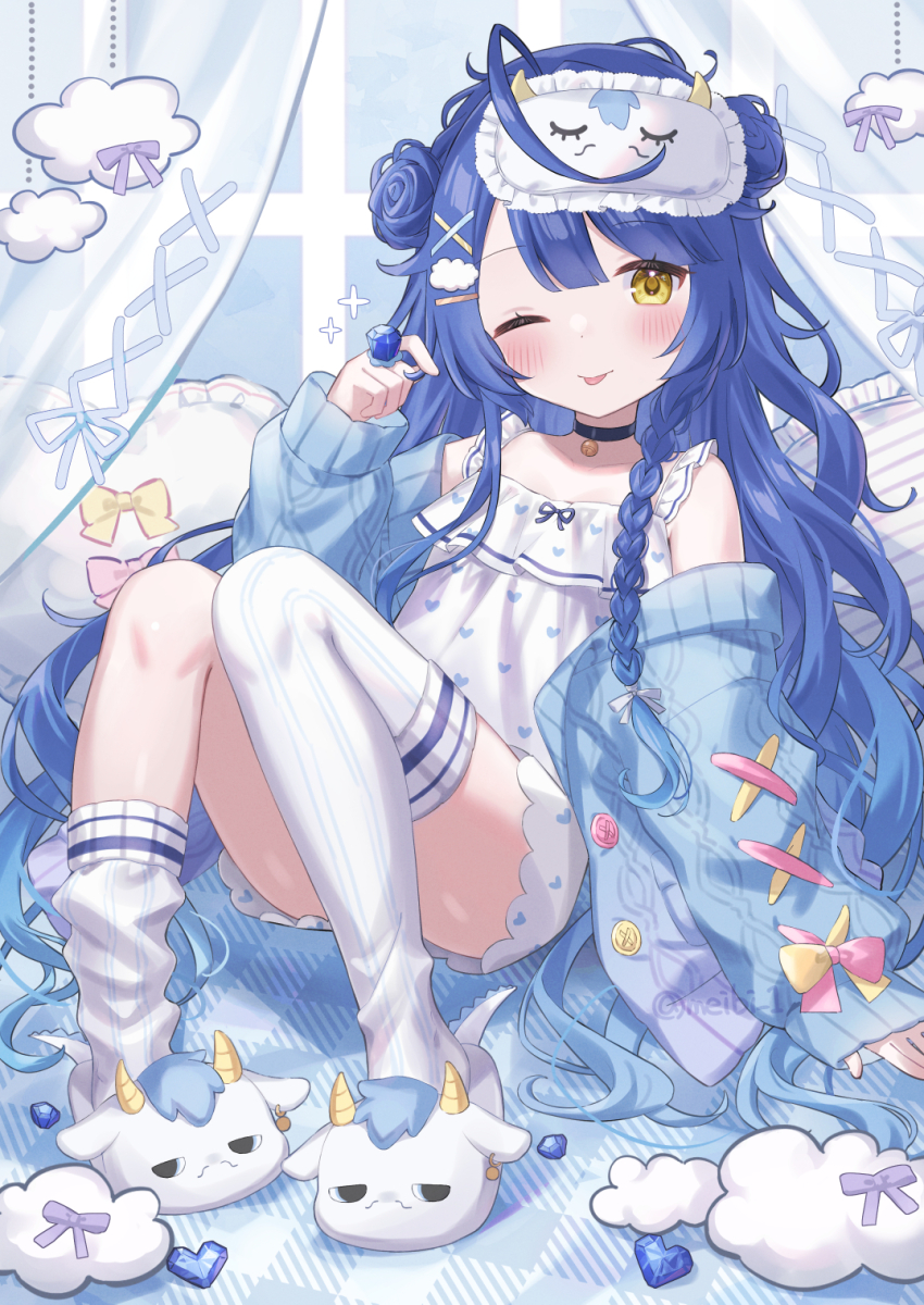 1girl, amamiya_kokoro, amamiya_kokoro_(6th_costume), artist_name, bell, black_choker, blue_hair, blush