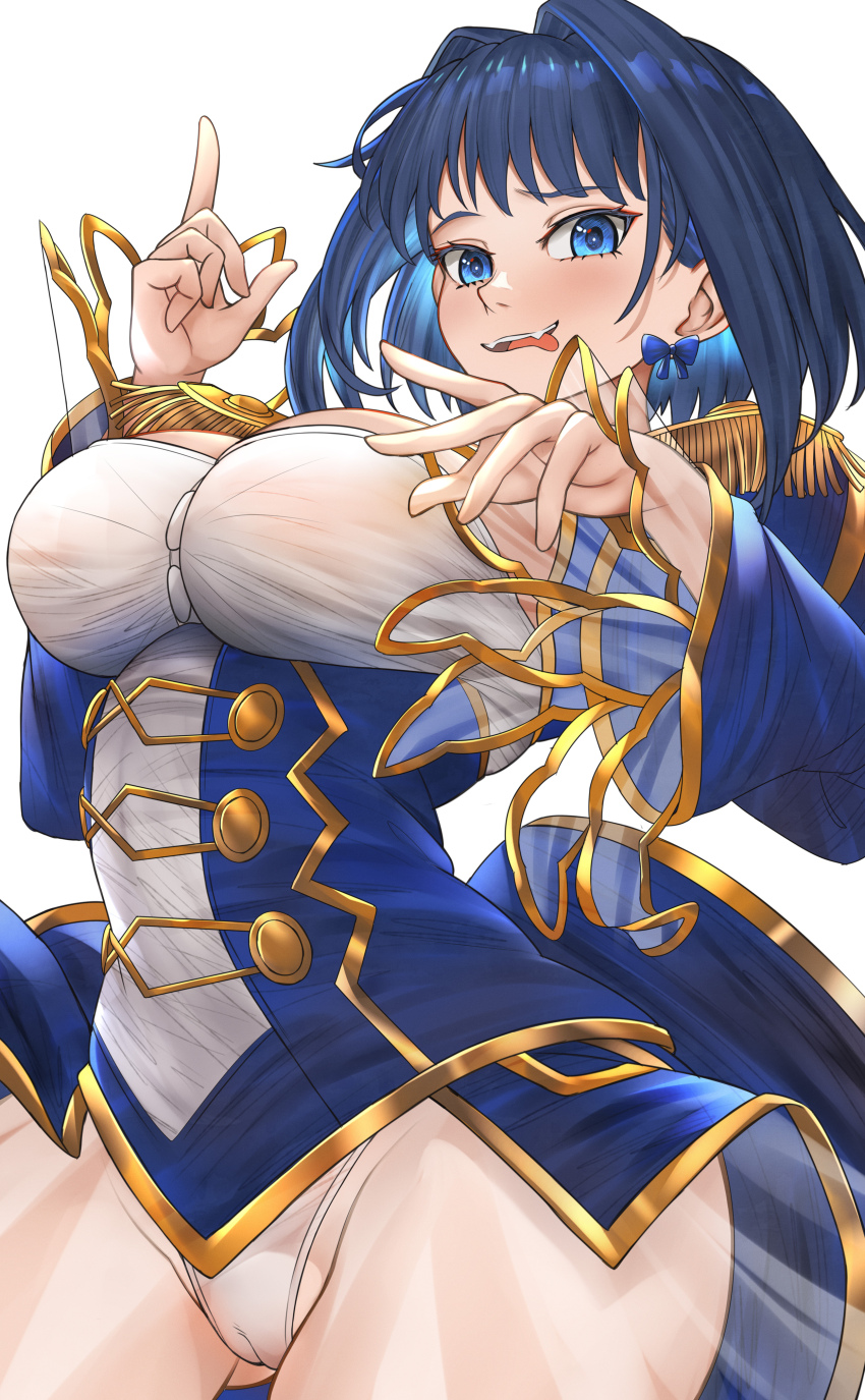 1girl, absurdres, blue_dress, blue_eyes, blue_hair, bow, bow_earrings, breasts