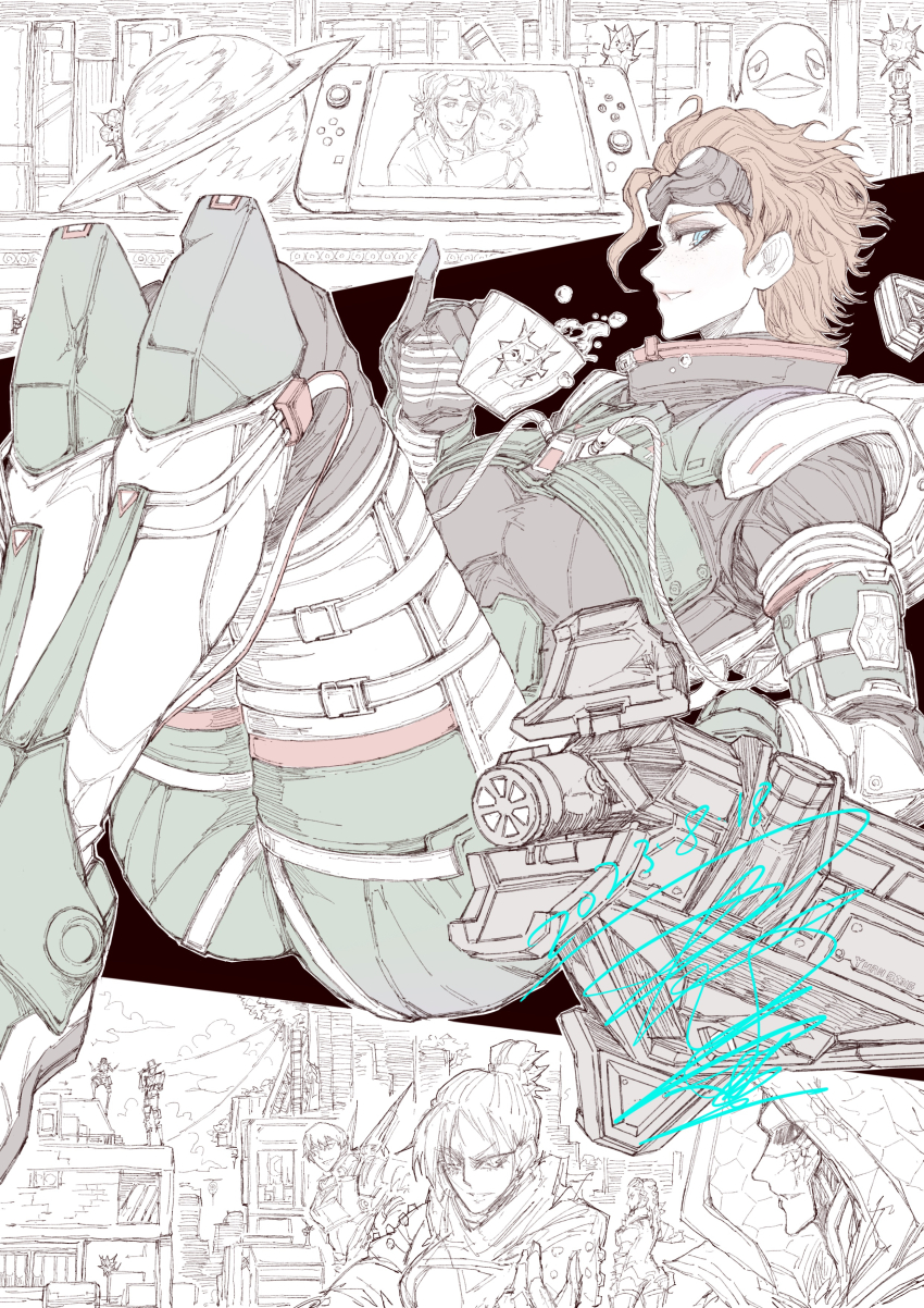 3boys, 5girls, absurdres, android, animification, apex_legends, ash_(titanfall_2), ass, black_gloves, blue_eyes, braid, breasts, cable, chinese_commentary, cracked_skin, cup, dated, floating, gloves, goggles, goggles_on_head, hair_behind_ear, hair_bun, handheld_game_console, hat, highres, holding, holding_cup, hood, hood_up, horizon_(apex_legends), jetpack, jun_wu_mo, korok, loba_(apex_legends), medium_breasts, multiple_boys, multiple_girls, newton_somers, nintendo, nintendo_switch, octane_(apex_legends), open_hand, orange_hair, parted_lips, pinky_out, planet, seer_(apex_legends), short_hair, signature, simulacrum_(titanfall), single_hair_bun, smile, solo_focus, spacesuit, teacup, the_legend_of_zelda, the_legend_of_zelda:_breath_of_the_wild, twin_braids, v-shaped_eyebrows, valkyrie_(apex_legends), wraith_(apex_legends)