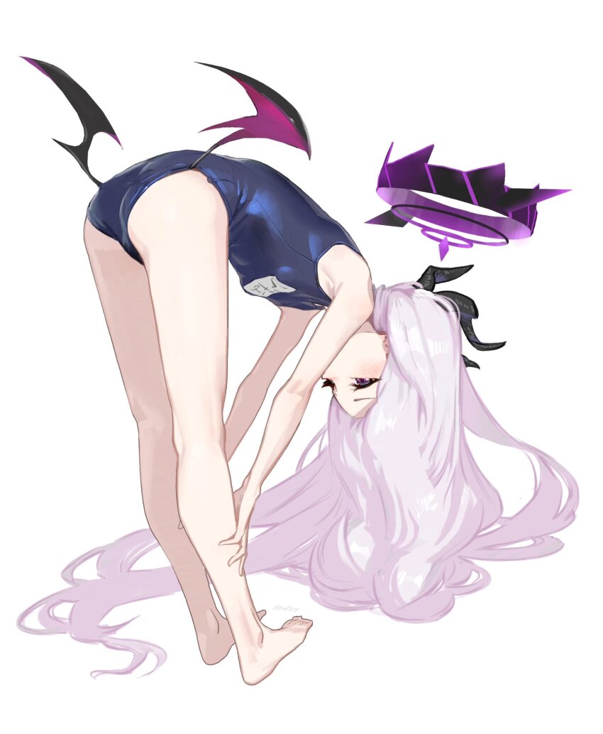 1girl, ass, bare_arms, barefoot, bent_over, black_horns, blue_archive, blue_one-piece_swimsuit, breasts, full_body, grey_hair, had_(had314), halo, highres, hina_(blue_archive), hina_(swimsuit)_(blue_archive), horns, long_hair, low_wings, one-piece_swimsuit, simple_background, small_breasts, solo, swimsuit, white_background, wings