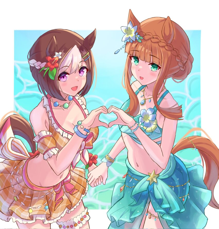 2girls, animal_ears, arm_garter, bare_shoulders, bikini, bikini_skirt, blush, bracelet, braid, breasts, brown_hair, caustics, cleavage, crown_braid, ear_flower, flower, flower_on_chest, green_bikini, green_eyes, groin, hair_bun, hair_flower, hair_ornament, heart, heart_hands, heart_hands_duo, hibiscus, highres, holding_hands, horse_ears, horse_girl, horse_tail, jewelry, long_hair, medium_breasts, multiple_girls, navel, necklace, open_mouth, orange_bikini, orange_hair, purple_eyes, sarong, short_hair, silence_suzuka_(emerald_on_the_waves)_(umamusume), silence_suzuka_(umamusume), small_breasts, smile, special_week_(hopp'n_happy_heart)_(umamusume), special_week_(umamusume), standing, swimsuit, tail, taro_yokayoka, thigh_strap, umamusume, water, yuri