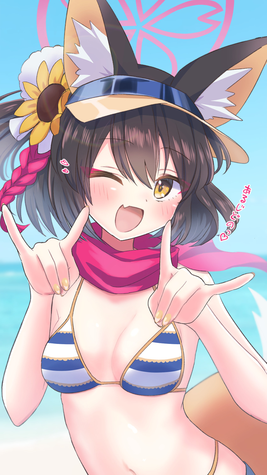 1girl, ;d, animal_ear_fluff, animal_ears, bikini, black_hair, blue_archive, blue_sky