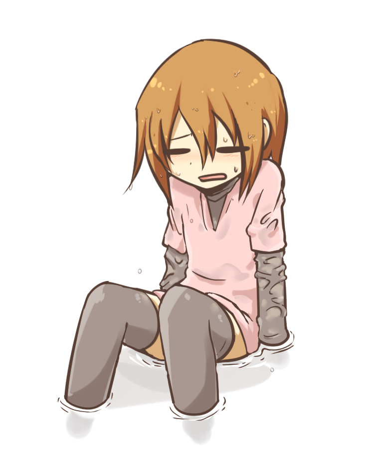 1girl, androgynous, annoyed, arms_at_sides, black_thighhighs, brown_hair, closed_eyes, commentary