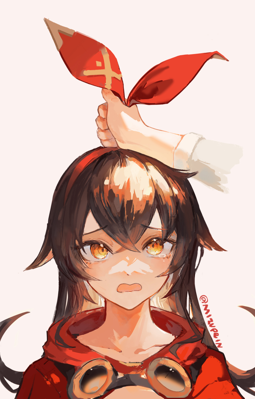1girl, 1other, amber_(genshin_impact), bow, bow_hairband, brown_hair, disembodied_hand, genshin_impact, goggles, goggles_around_neck, grabbing, hair_between_eyes, hairband, highres, hood, hood_down, jacket, looking_up, mizupein, open_mouth, portrait, red_bow, red_jacket, simple_background, solo_focus, twitter_username, wavy_mouth, white_background, yellow_eyes