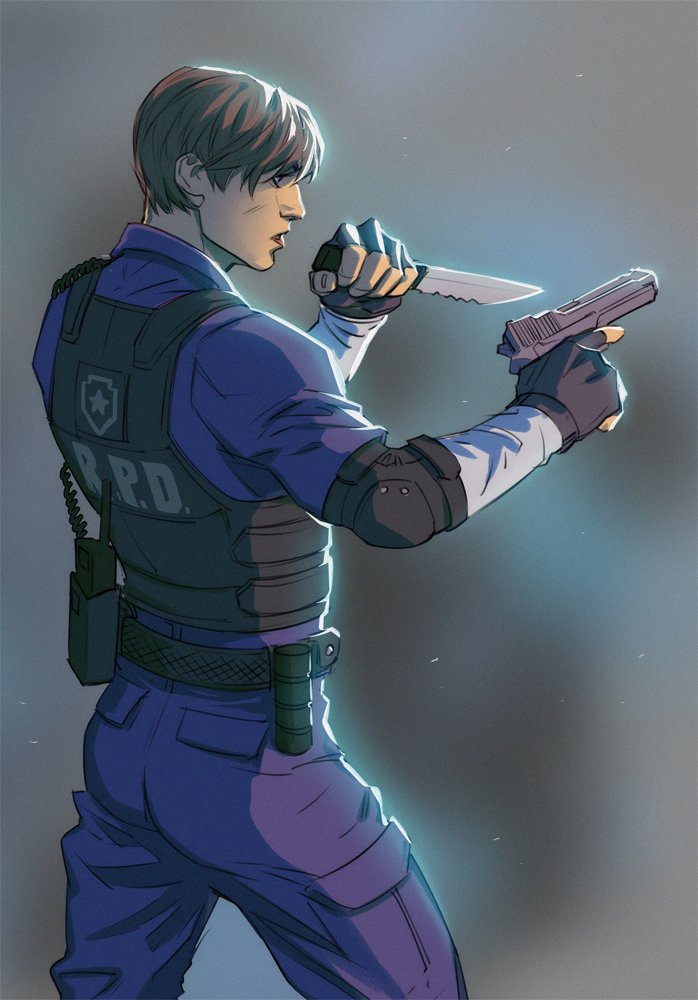 1boy, belt, black_gloves, blue_pants, blue_shirt, brown_hair, bulletproof_vest, combat_knife