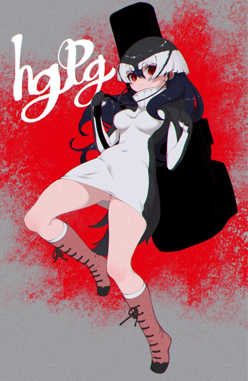 1girl, black_hair, boots, chinstrap_penguin_(kemono_friends), elbow_gloves, gloves, grey_background, grey_hair