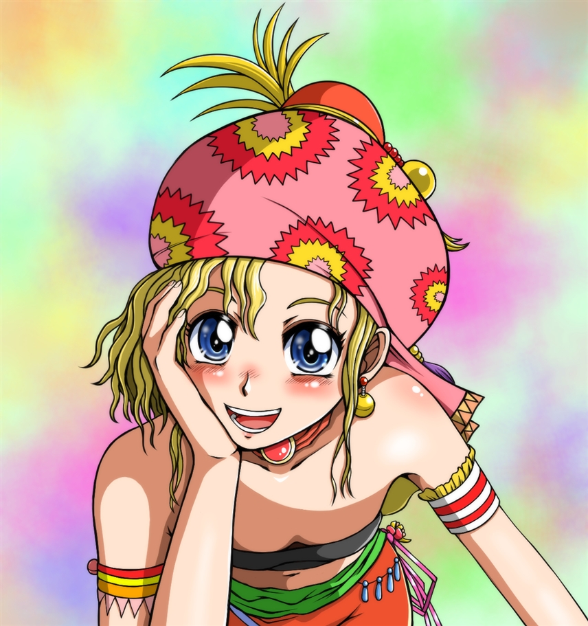 1girl, bare_shoulders, blonde_hair, blue_eyes, blush, breasts, earrings, final_fantasy, final_fantasy_vi, hat, jewelry, looking_at_viewer, matsuba_gogatsu, open_mouth, paintbrush, relm_arrowny, short_hair, small_breasts, smile, solo, strapless, tube_top