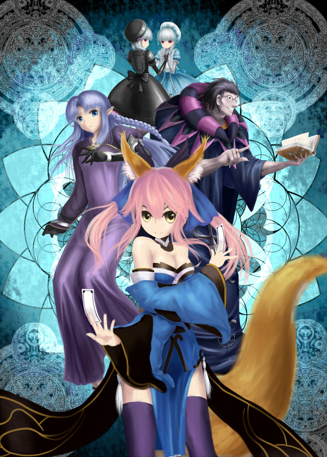 10s, 1boy, 4girls, alice_(fate), animal_ear_fluff, animal_ears, bad_id, bad_pixiv_id, bare_shoulders, blue_bow, blue_dress, book, bow, braid, breasts, caster_(alice), cleavage, detached_sleeves, dress, eyebrows_hidden_by_hair, fate/extra, fate/stay_night, fate/zero, fate_(series), fox_ears, fox_tail, gilles_de_rais_(caster)_(fate), gilles_de_rais_(fate), gothic_lolita, hair_between_eyes, hair_bow, hair_ribbon, holding_hands, japanese_clothes, jewelry, lolita_fashion, looking_at_viewer, medea_(caster)_(fate), medea_(fate), multiple_girls, nursery_rhyme_(fate), nursery_rhyme_(fate/grand_order), pelvic_curtain, pointing, pointy_ears, purple_dress, purple_legwear, ribbon, ring, standing, tail, tamamo_no_mae_(fate), thighhighs, tsukikanade, wide_sleeves, yellow_eyes