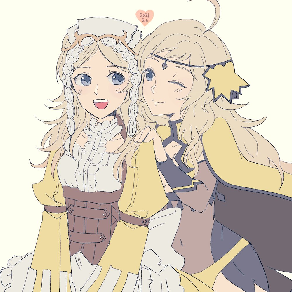 2girls, alternate_hairstyle, blonde_hair, bodystocking, circlet, commentary_request, covered_navel, donkuma_kakusei, fire_emblem, fire_emblem_awakening, fire_emblem_fates, grandmother_and_granddaughter, grey_eyes, lissa_(fire_emblem), long_hair, looking_at_another, multiple_girls, nintendo, one_eye_closed, open_mouth, ophelia_(fire_emblem), teeth, turtleneck, upper_body, upper_teeth_only