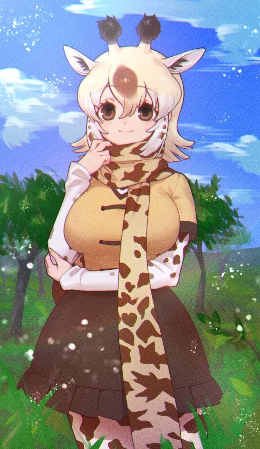 1girl, animal_ears, animal_print, blonde_hair, blue_sky, brown_eyes, extra_ears, giraffe_ears