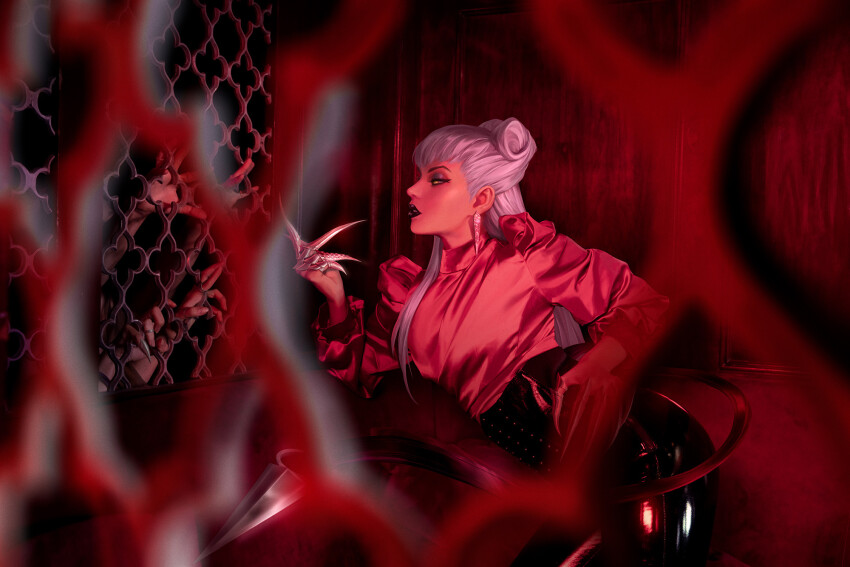 1girl, asymmetrical_bangs, black_lips, black_skirt, blurry, blurry_foreground, breasts, claw_(weapon), cone_hair_bun, cowboy_shot, dark_background, demon, demon_girl, diamond_earrings, disembodied_hand, earrings, evelynn_(league_of_legends), eyeshadow, from_side, hair_bun, hand_on_own_hip, highres, index_finger_raised, jewelry, k/da_(league_of_legends), k/da_all_out_evelynn, kudos3d, lashers, league_of_legends, long_hair, long_sleeves, looking_at_another, looking_down, makeup, medium_breasts, parted_lips, pencil_skirt, purple_eyeshadow, red_background, red_shirt, ring, shirt, shirt_tucked_in, skirt, slit_pupils, solo, the_baddest_evelynn, weapon, white_hair, yellow_eyes