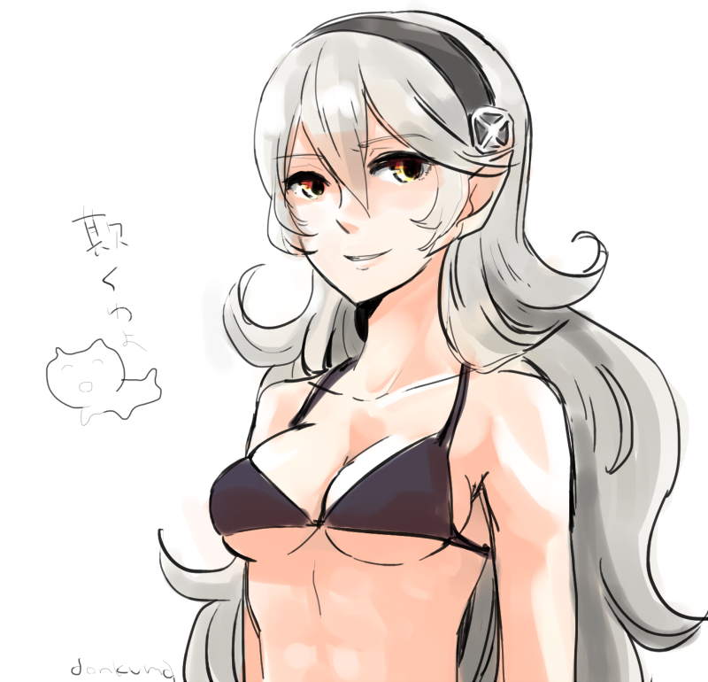 1girl, alternate_costume, bikini, black_bikini, breasts, cleavage, female_corrin_(fire_emblem), donkuma_kakusei, fire_emblem, fire_emblem_fates, grey_hair, hair_between_eyes, hairband, looking_at_viewer, medium_breasts, nintendo, sideboob, smile, solo, swimsuit, underboob, upper_body