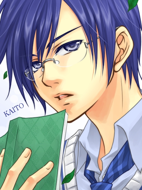 1boy, bespectacled, blue_eyes, blue_hair, blue_necktie, book, character_name, close-up, glasses, gradient_background, kaito_(campus)_(vocaloid), kaito_(vocaloid), kotobuki0101, leaf, male_focus, matching_hair/eyes, necktie, parted_lips, project_diva, project_diva_(series), project_diva_2nd, solo, vocaloid, white_background